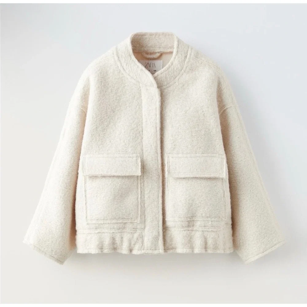 Zara Boucle Bomber Jacket Kids 11-12 Cream Excellent Mock Neck Textured Coat